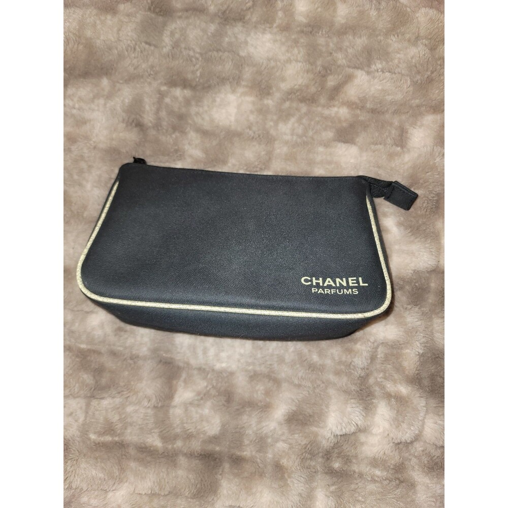 Chanel Parfumes Cosmetic Bag Black With Gold Trim 8 Inches